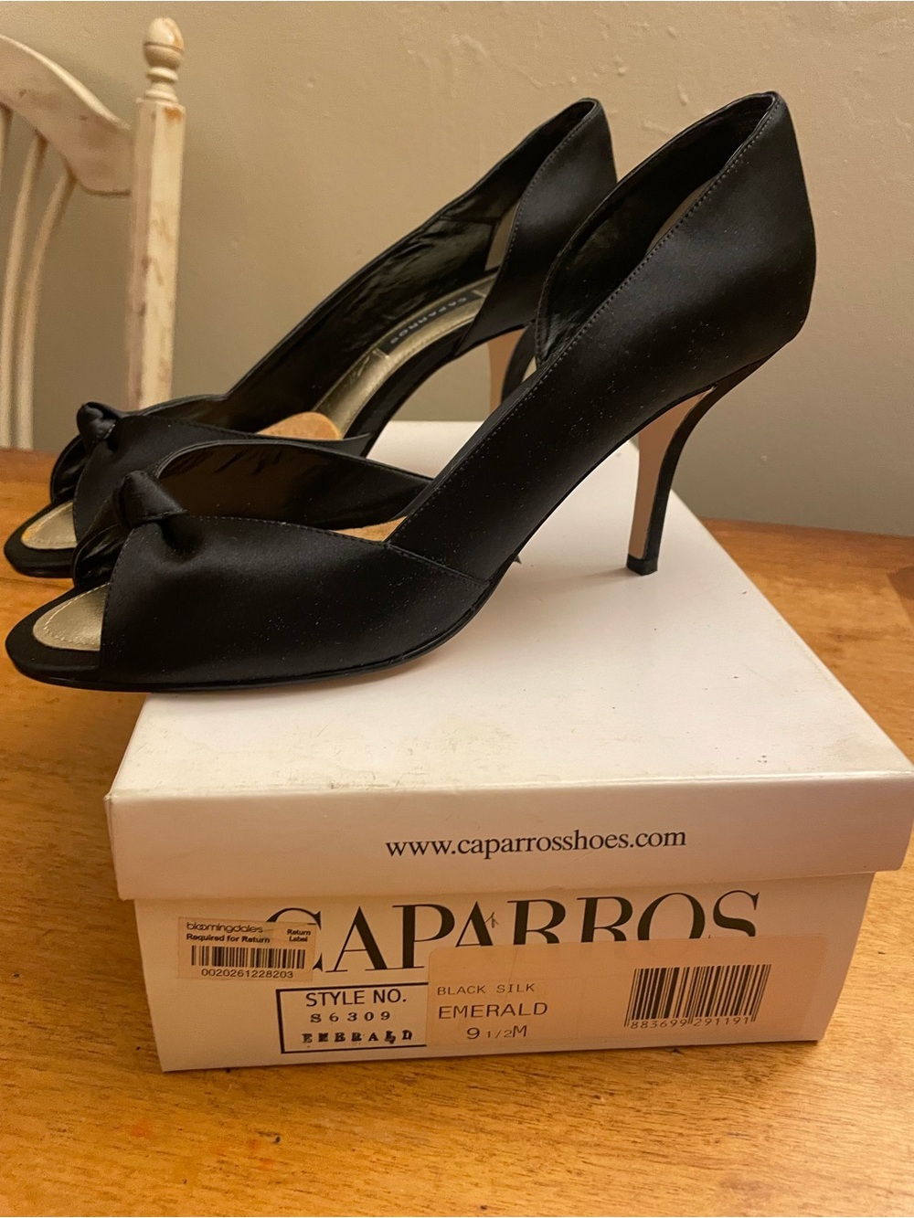 Caparros Black Satin Peep-Toe Stiletto Heels